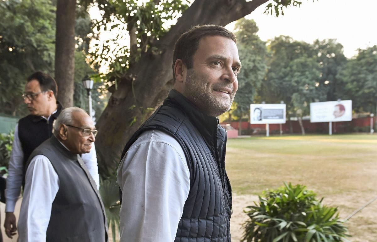 Congress President Rahul Gandhi arrives for the Congress Working Committee (CWC) meeting in New Delhi on Friday. PTI