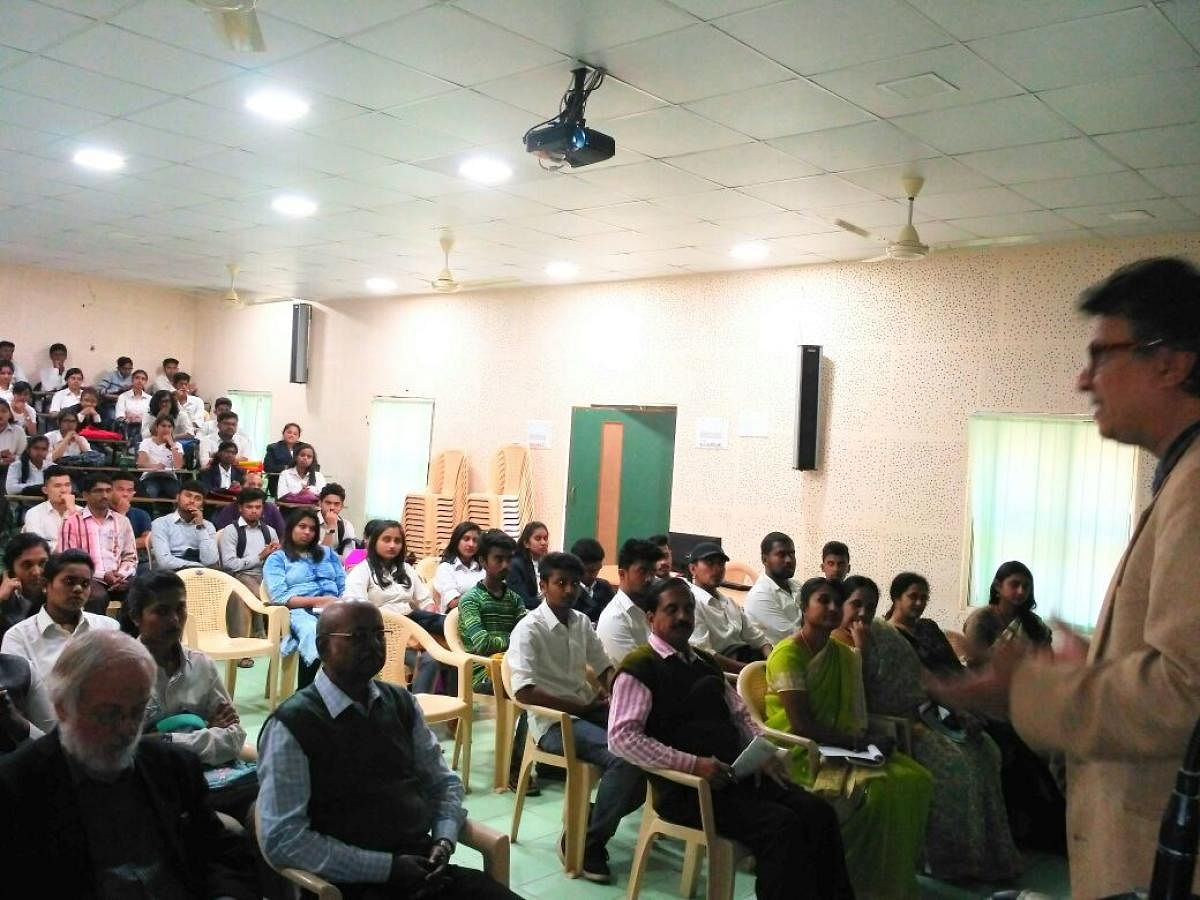 Nikhil Moro, professor, Norfolk State University, Virginia, the USA, delivered a lecture on 'Freedom of Information in India and US' at SBRR Mahajana First Grade College, in Mysuru, on Saturday.