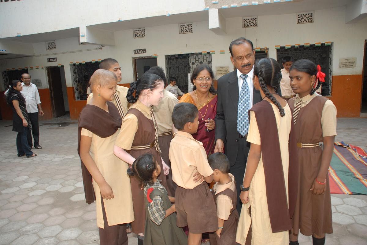 Saibaba Goud with students at Devnar School for the Blind