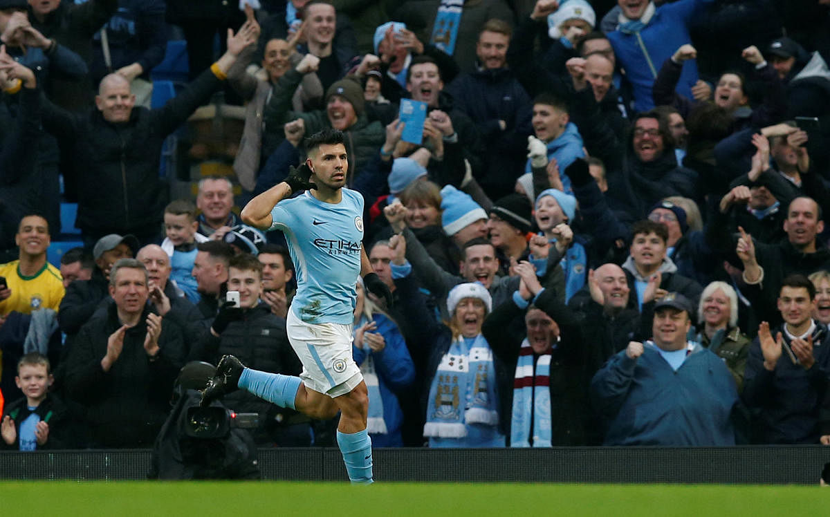PROLIFIC Manchester City's Sergio Aguero celebrates after scoring their first goal against Bournemouth in Manchester on Saturday. REUTERS