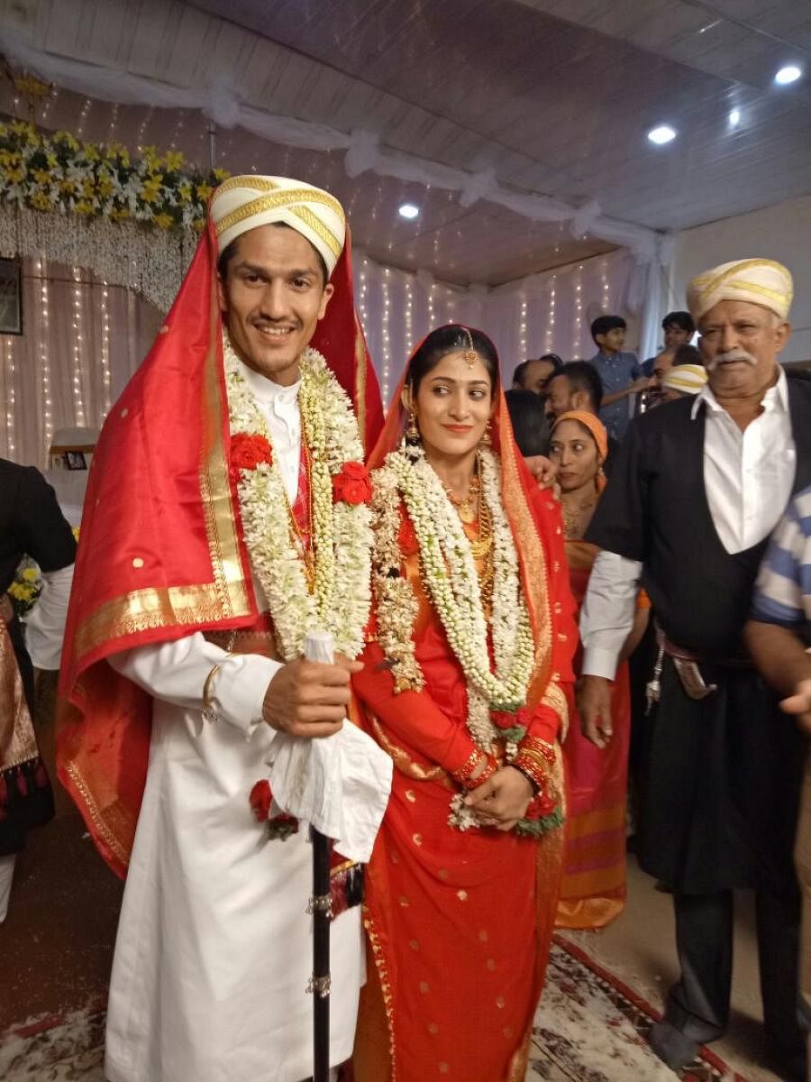 SHEER JOY Badminton ace Ashwini Ponnappa (right) and Karan Medappa tied the nuptial knot in Ammatti on Sunday. DH PHOTO