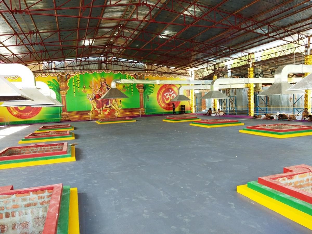 The sacrificial platforms equipped with modern chimneys, set up for 'Ayur Chandika Maha Yaga' in Kollur.