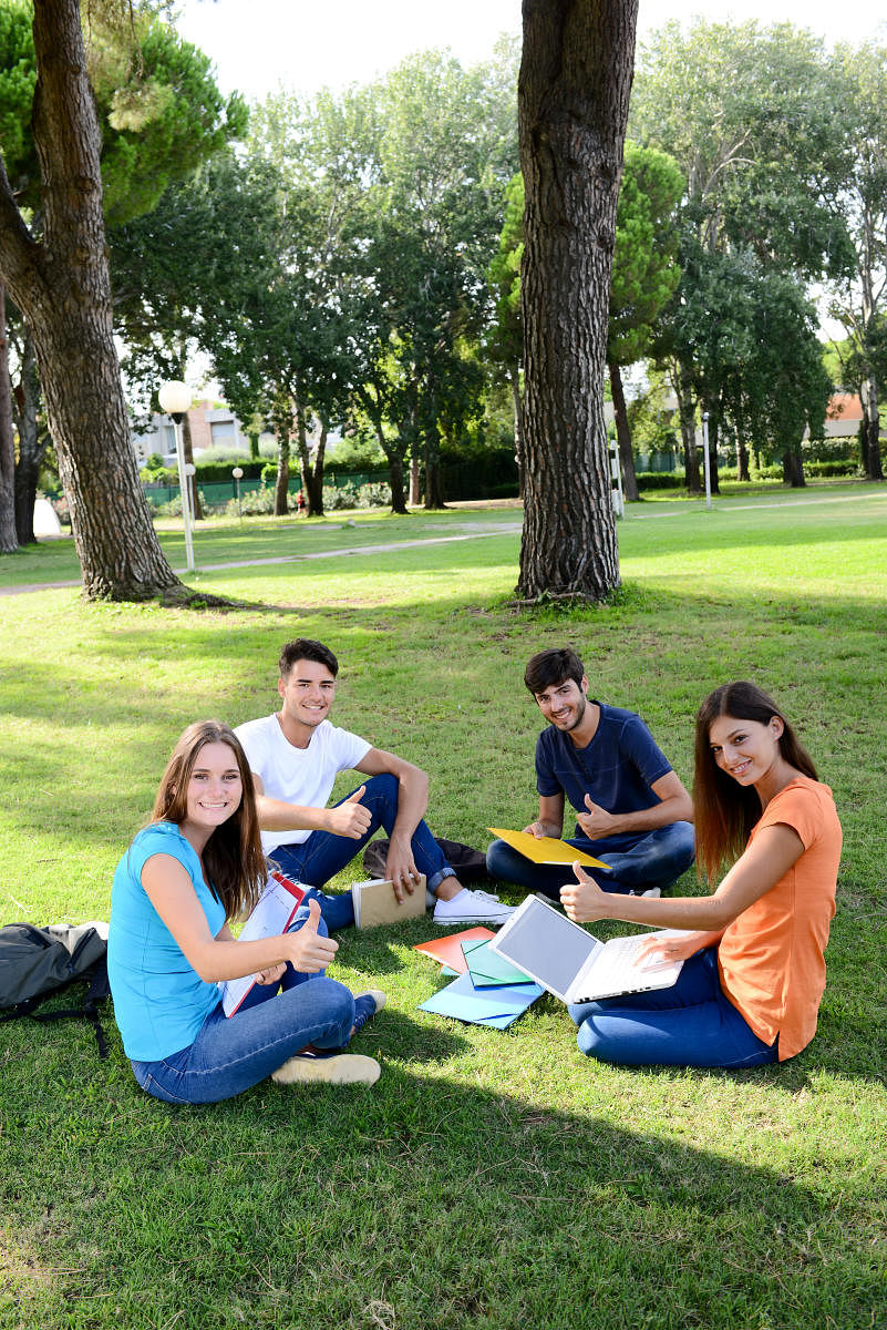 group of young students sitting together on green lawn high school university campusStudy Abroad
