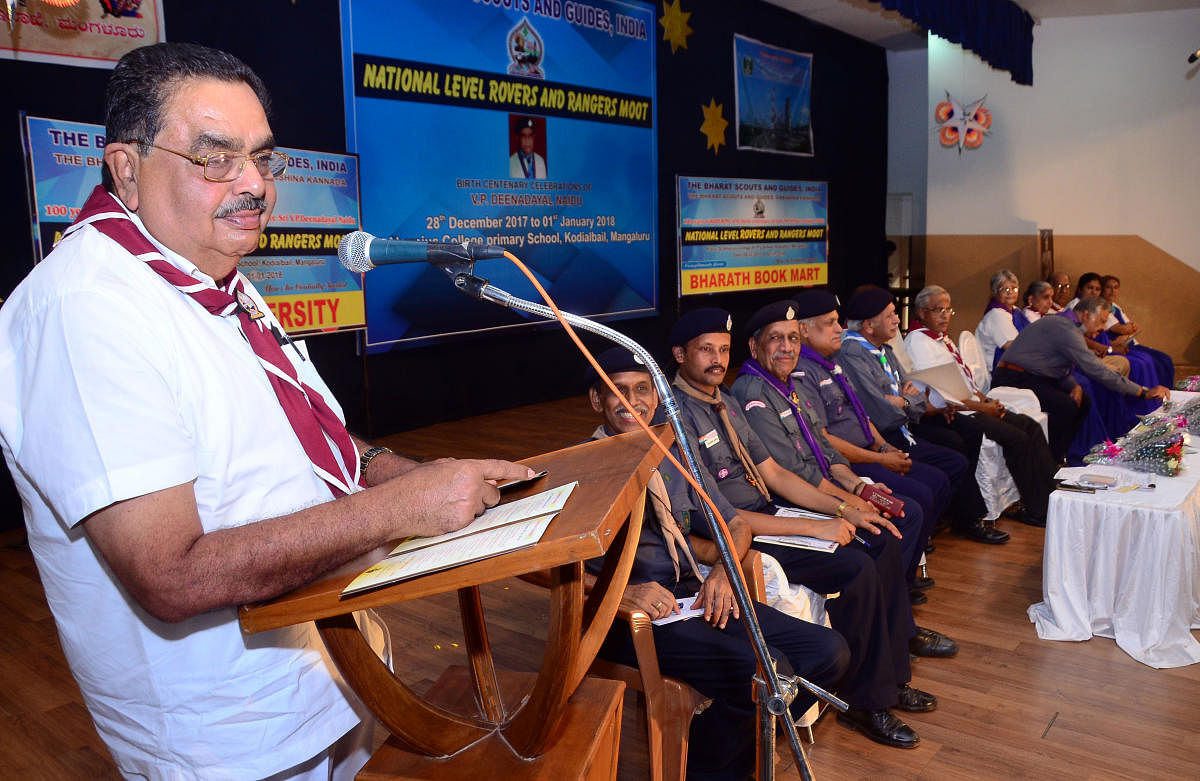 District in-charge minister B Ramanath Rai speaks after inaugurating the National-level Rovers Rangers Moot at St Aloysius Primary School inMangaluru on Thursday.