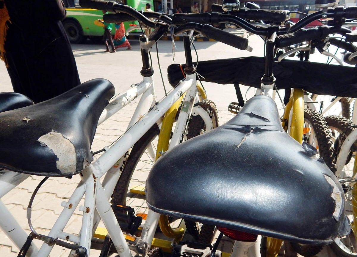 Bicycles parked in a docking station in Srirangapatna, Mandya district.