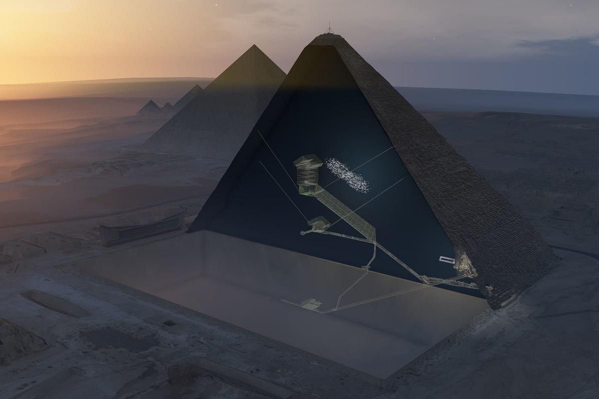 An illustration of a hidden internal structure in the Great Pyramid, the largest pyramid in Giza. PHOTO CREDIT: ScanPyramids mission