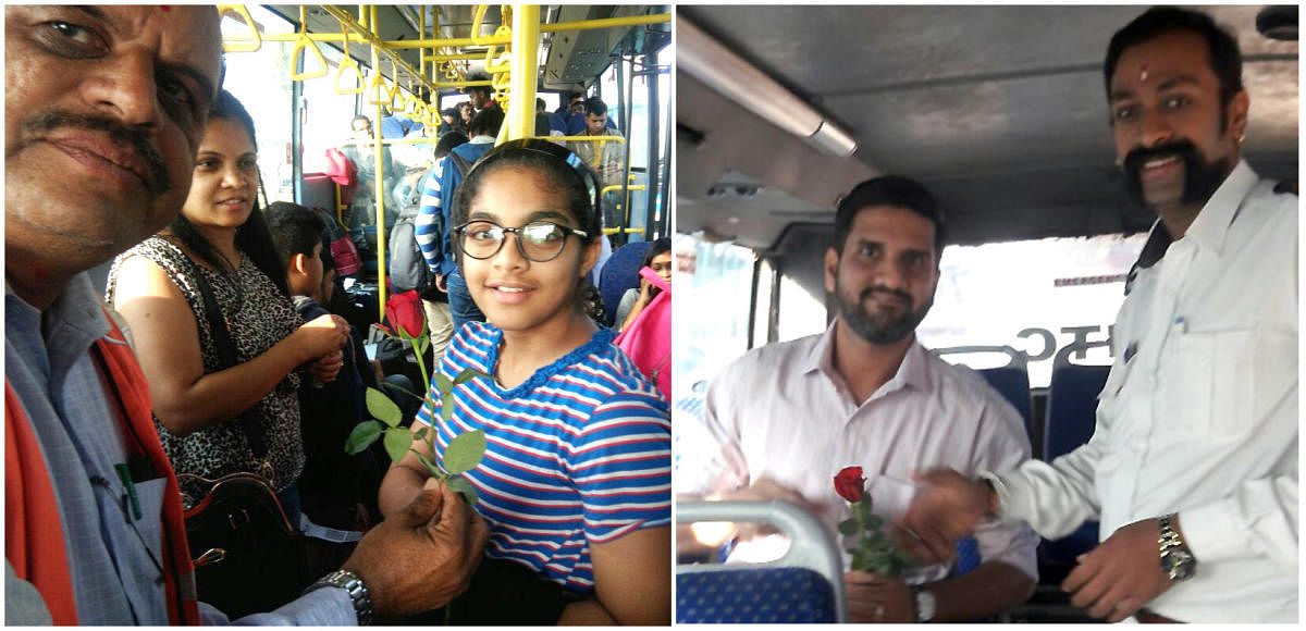 Bangalore Metropolitan Transport Corporation (BMTC) surprised passengers on their Vajra and Vayu Vajra buses on Monday, presenting them with roses and New Year greetings.