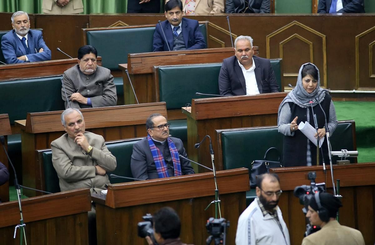 Jammu & Kashmir Chief Minister Mehbooba Mufti speaks on the first day of Budget Session of the state Assembly in Jammu. PTI