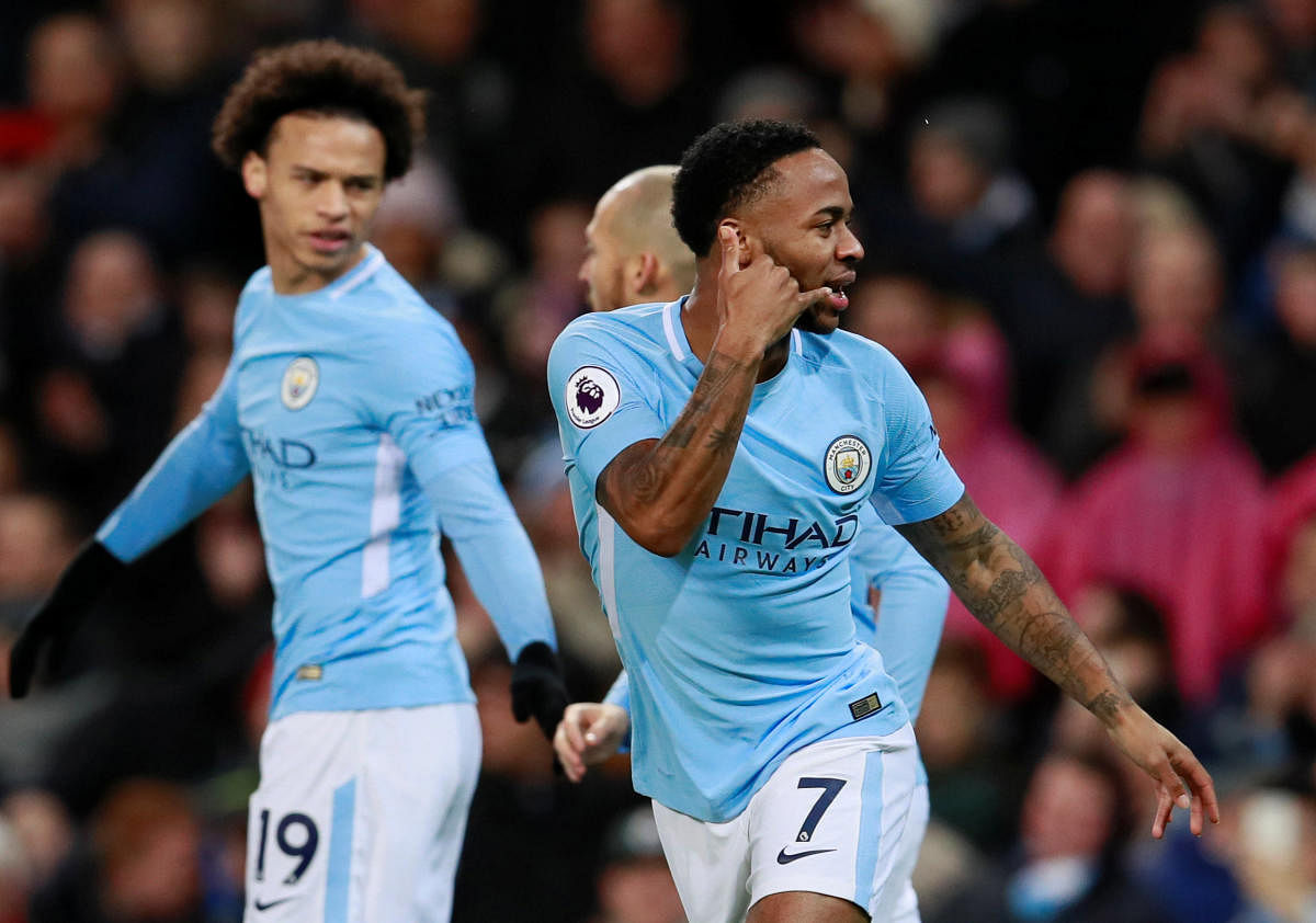 NEED A GOAL...CALL ME: Manchester City's Raheem Sterling celebrates after scoring his side's opener against Watford at the Etihad on Wednesday. Reuters
