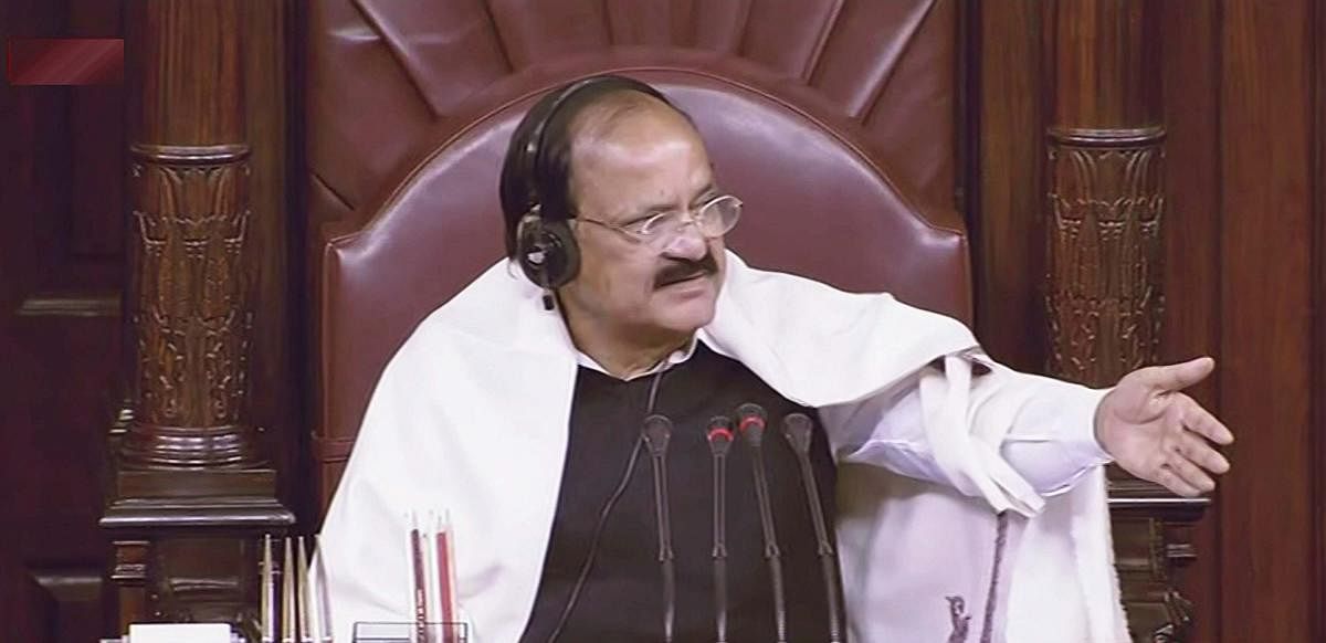 Vice President M Venkaiah Naidu speaks in the Rajya Sabha in New Delhi on Thursday, during the ongoing winter session of Parliament. PTI Photo