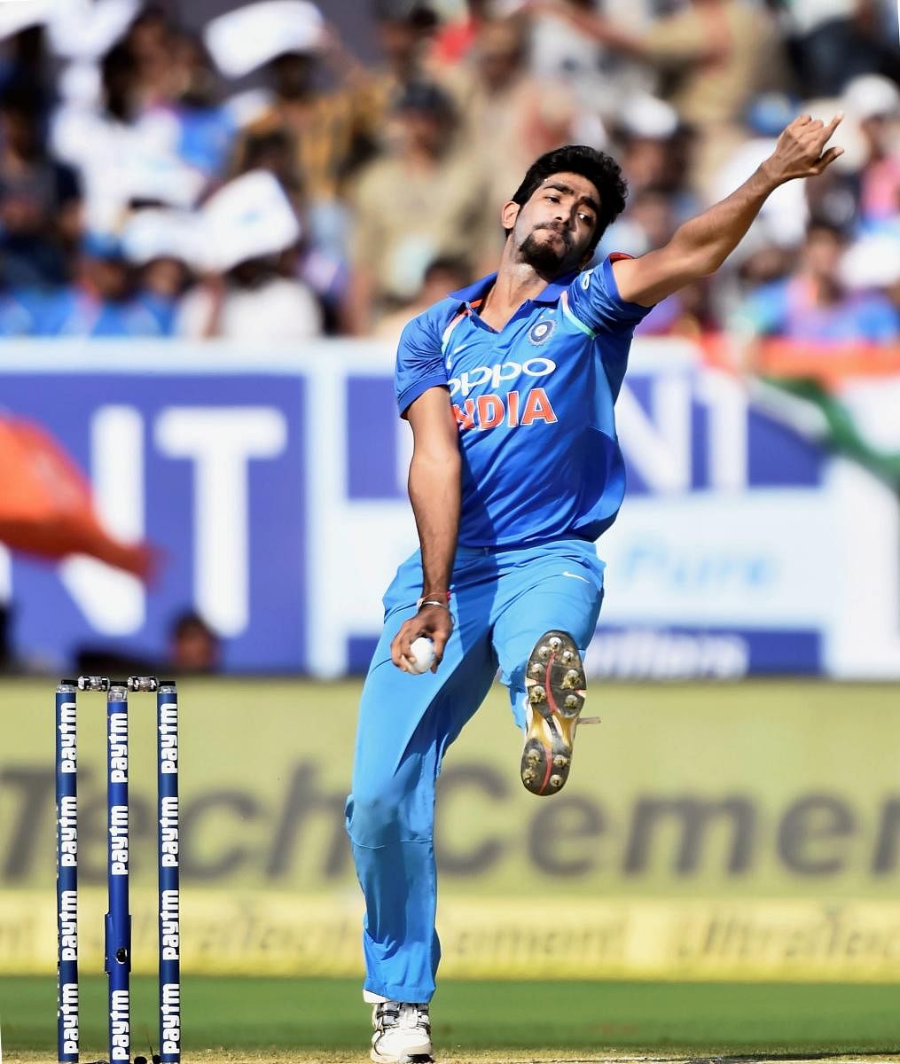 Indian player Jasprit Bumrah in action during the 3rd and final ODI cricket match against Sri Lanka in Vizag is seen in a dated file photo. PTI file photo.