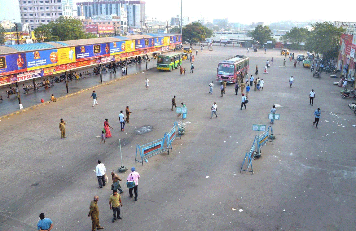 Passengers stranded at Mattuthavani bus stands following a flash strike by Tamil Nadu State Transport Corporation (TNSTC) employees, in Madurai on Friday. PTI Photo