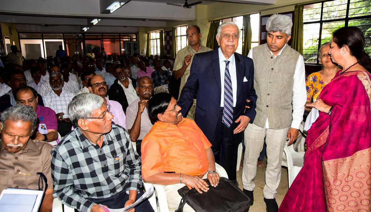 Former Chief Justice of India M N Venkatachalaiah (Standing in the centre) at the inauguration of the Elders Employment Bureau and Dementia day Care Centre by Nightingale Empowerment Founadation in Bengaluru on Friday. Murlidhara Halappa, Dr Radha S Murthy and others are seen among others.
