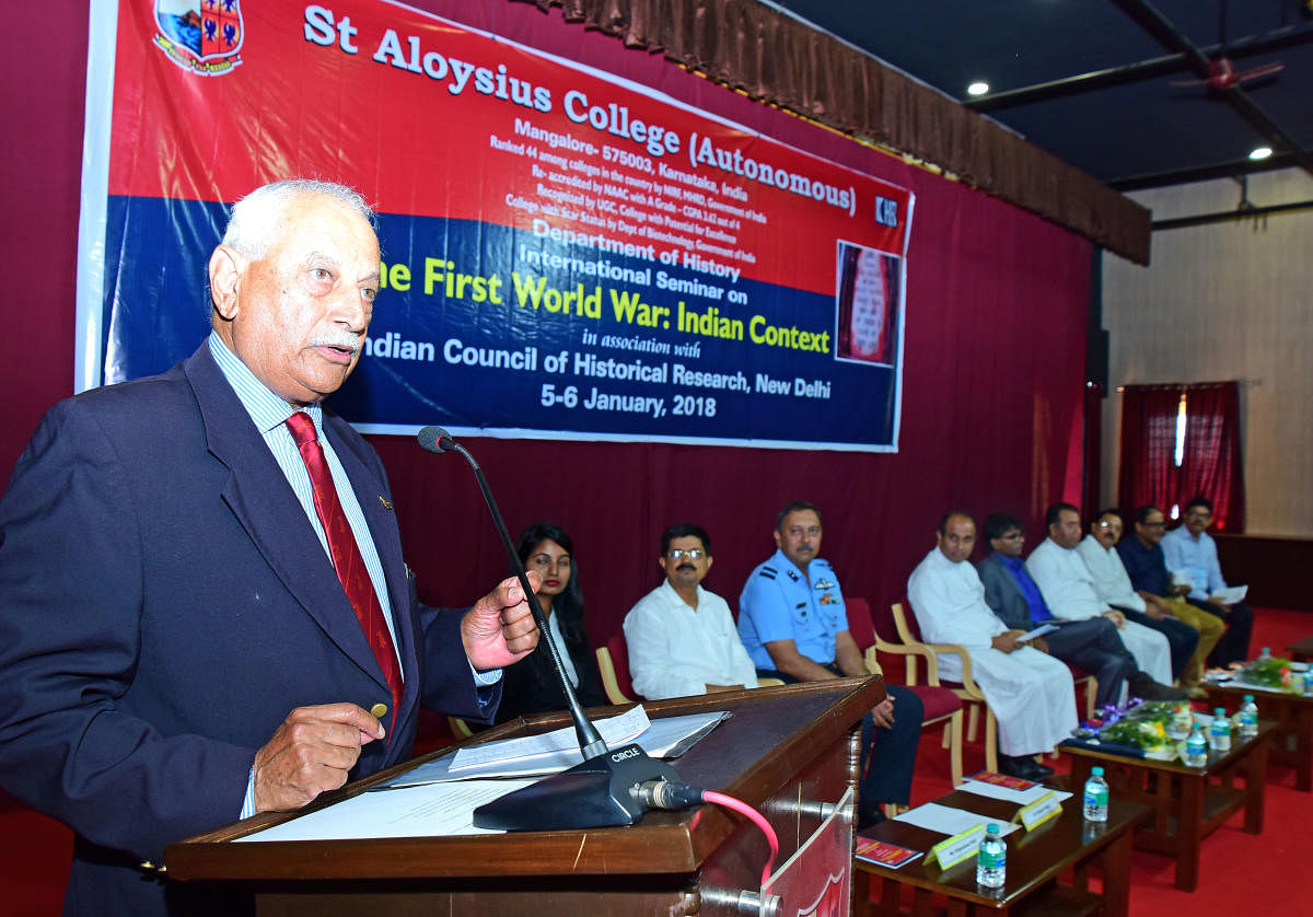 Air Marshal K C Cariappa (Retd) inaugurates an International Seminar on 'The First World War: Indian Context' organised by the department of History, on Friday. Air Commodore C K Kumar, St Aloysius College Institution Rector Fr Dionysius Vaz and St Aloysius College Principal Fr Pravin Martis look on among others.
