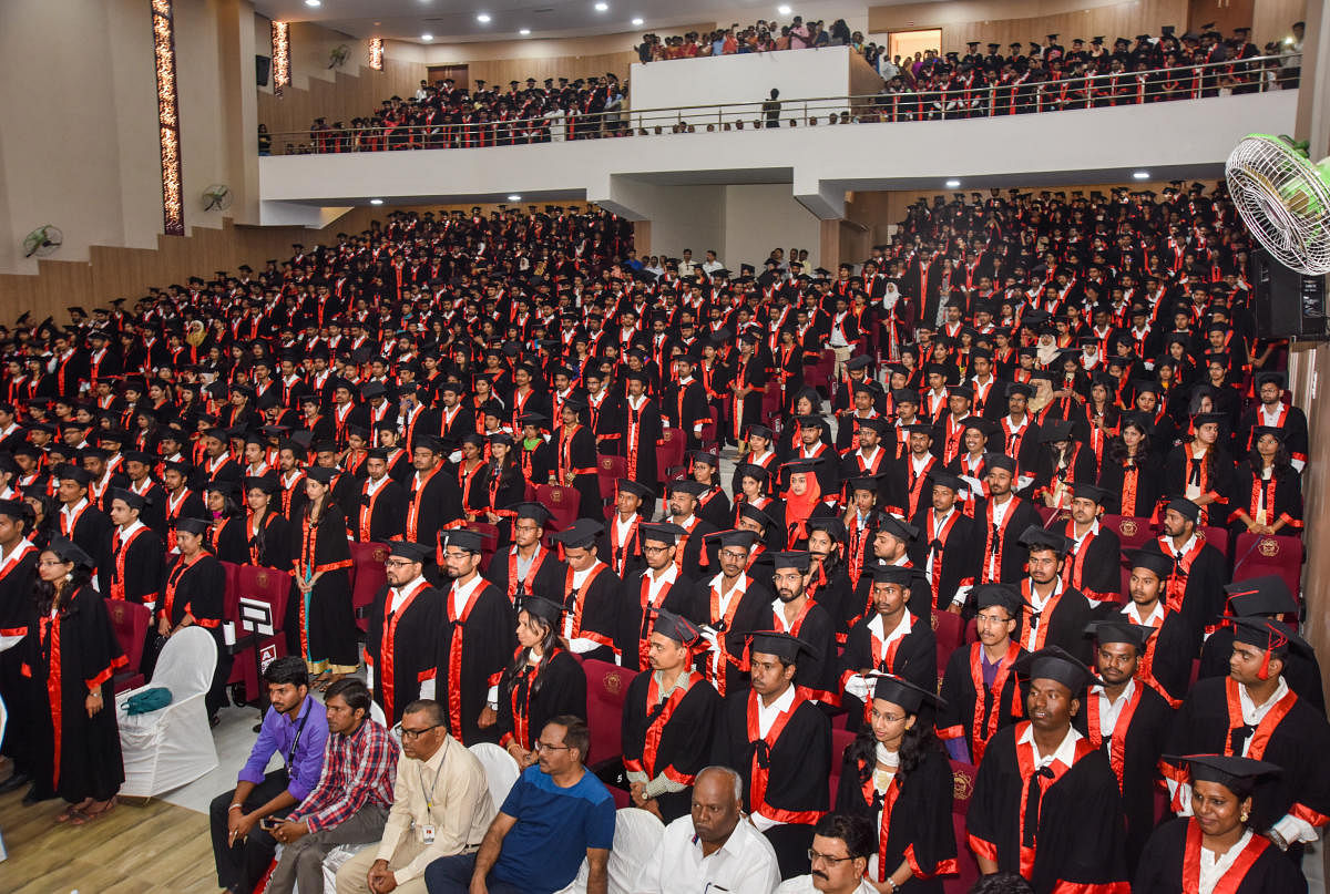 Graduates during sixth graduation day celebrated at PDA Engineering College in Kalaburgi on Sunday. - Photo/ Prashanth HG