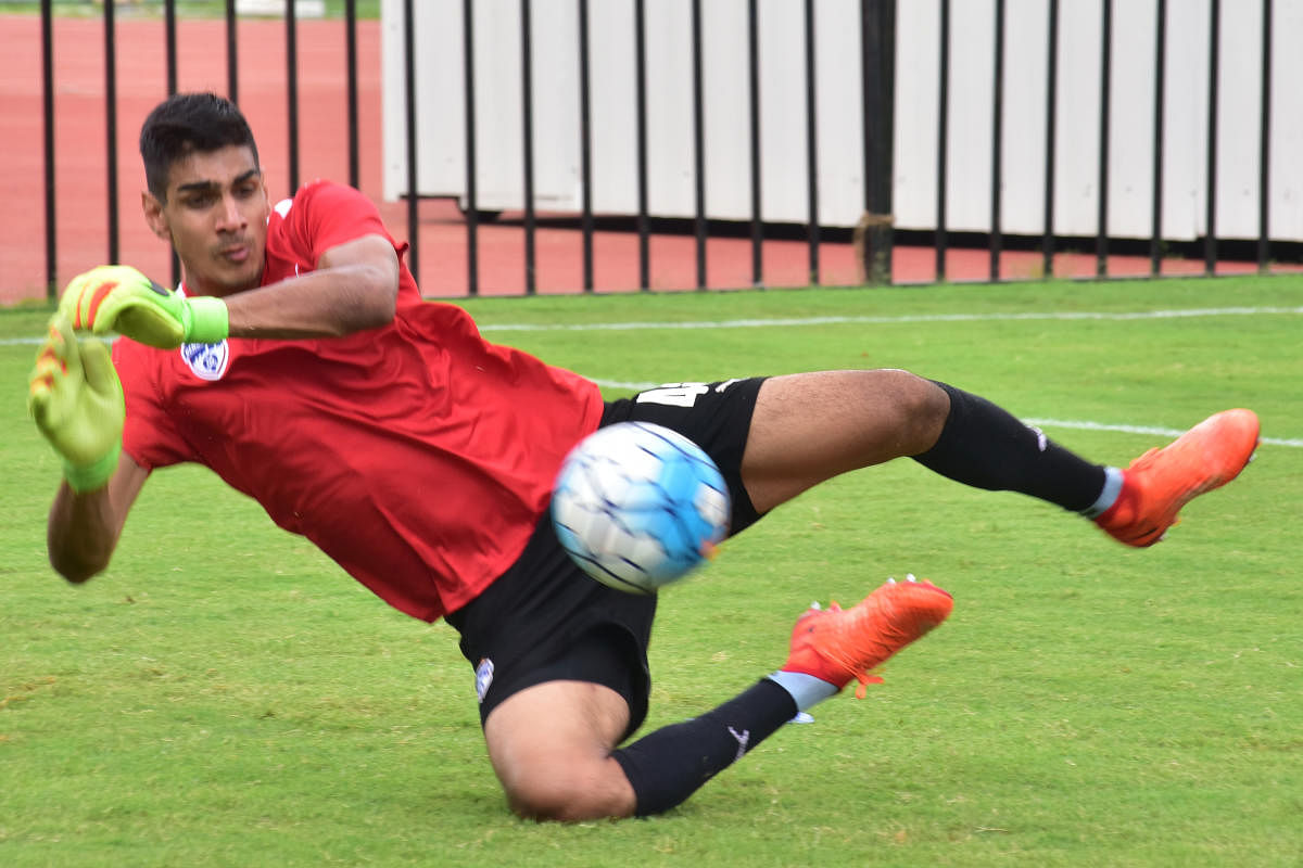 Gurpreet Singh Sandhu, Goal Keeper BFC in a practice secession at Sree Kanteerava Stadium in Bengaluru on Monday. Photo by S K Dinesh