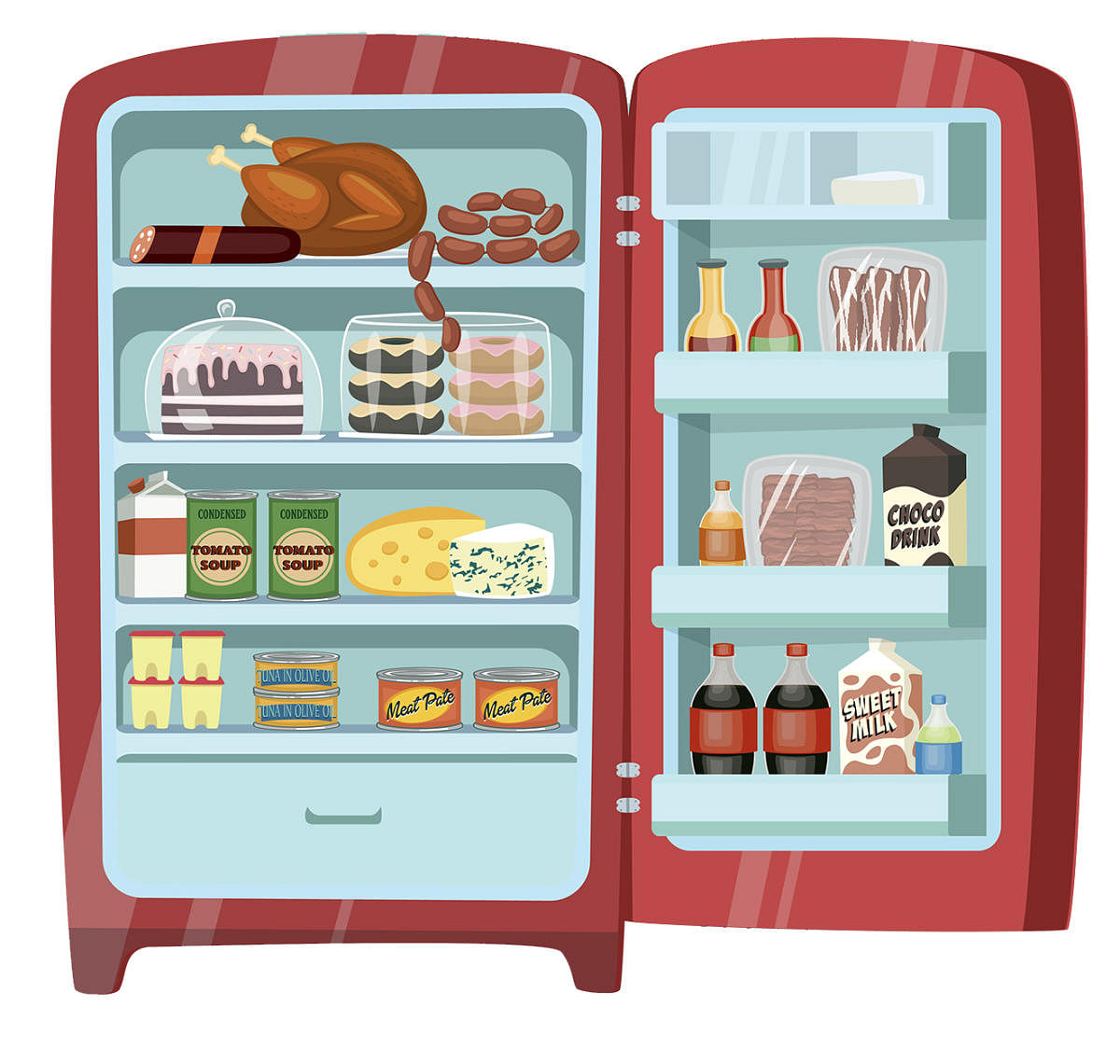 Retro refrigerator full of food. Vintage fridge filled with daily products vector illustration. Saving freshness of meal. Weekly nutrients supply. Space organization in freezer. Home abundance concept