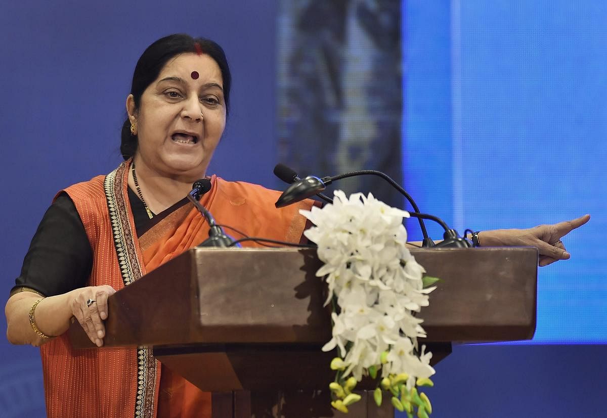 External Affairs Minister Sushma Swaraj addresses the inaugural session of first PIO Parliamentarian Conference in New Delhi on Tuesday.