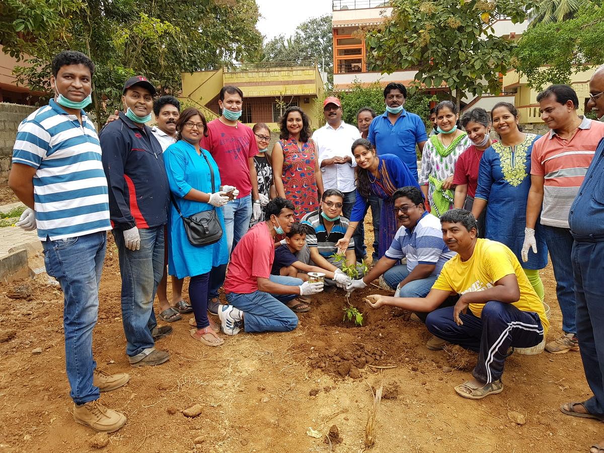 The members of the group 'Dharwad Bonds' planting saplings.