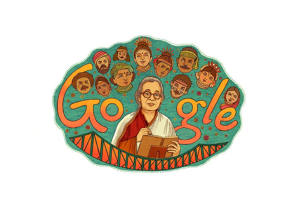 Google's Doodle for Mahasweta Devi, showing her and the tribal people whose cause she championed.