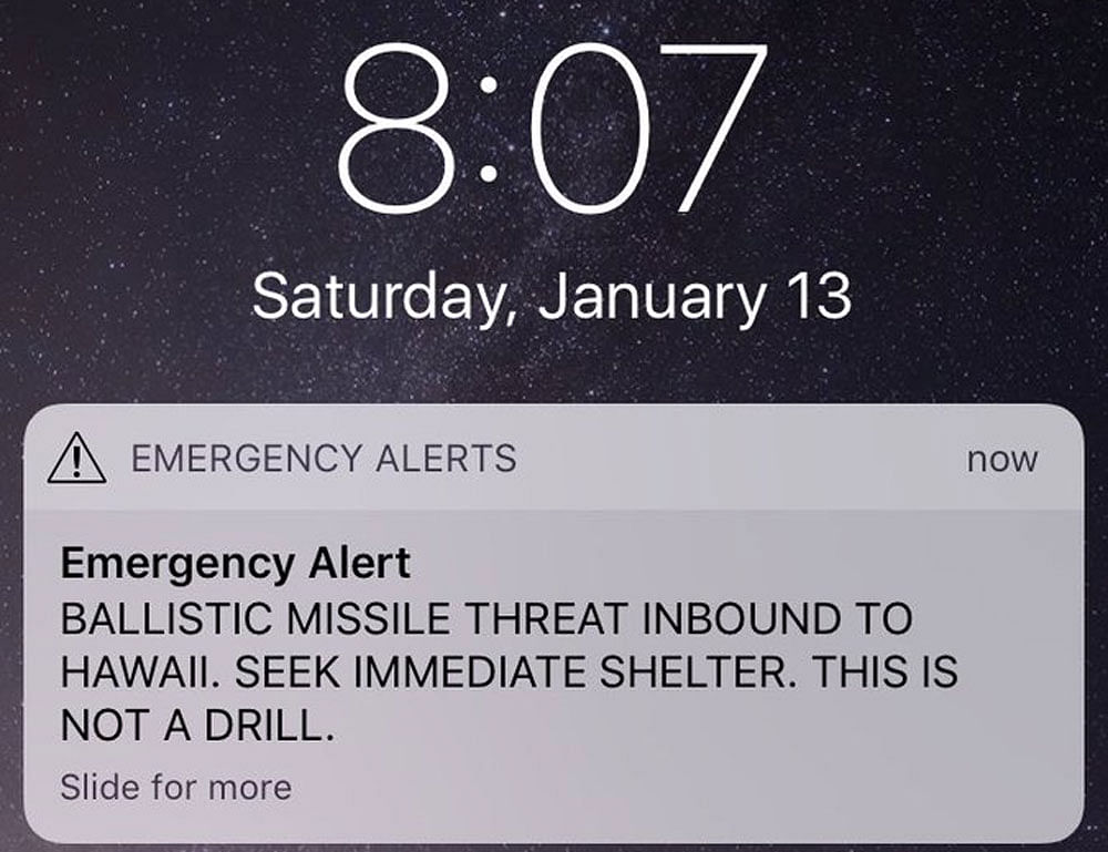 Screenshot of the missile alert issued in Hawaii, later confirmed to be a false alarm.