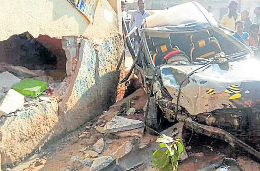 The car driven in a reckless manner by an African student crashed into a shop in the early hours of Sunday at Geddalahalli on Hennur Main Road. The driver died and two of his friends were injured. DH PHOTO