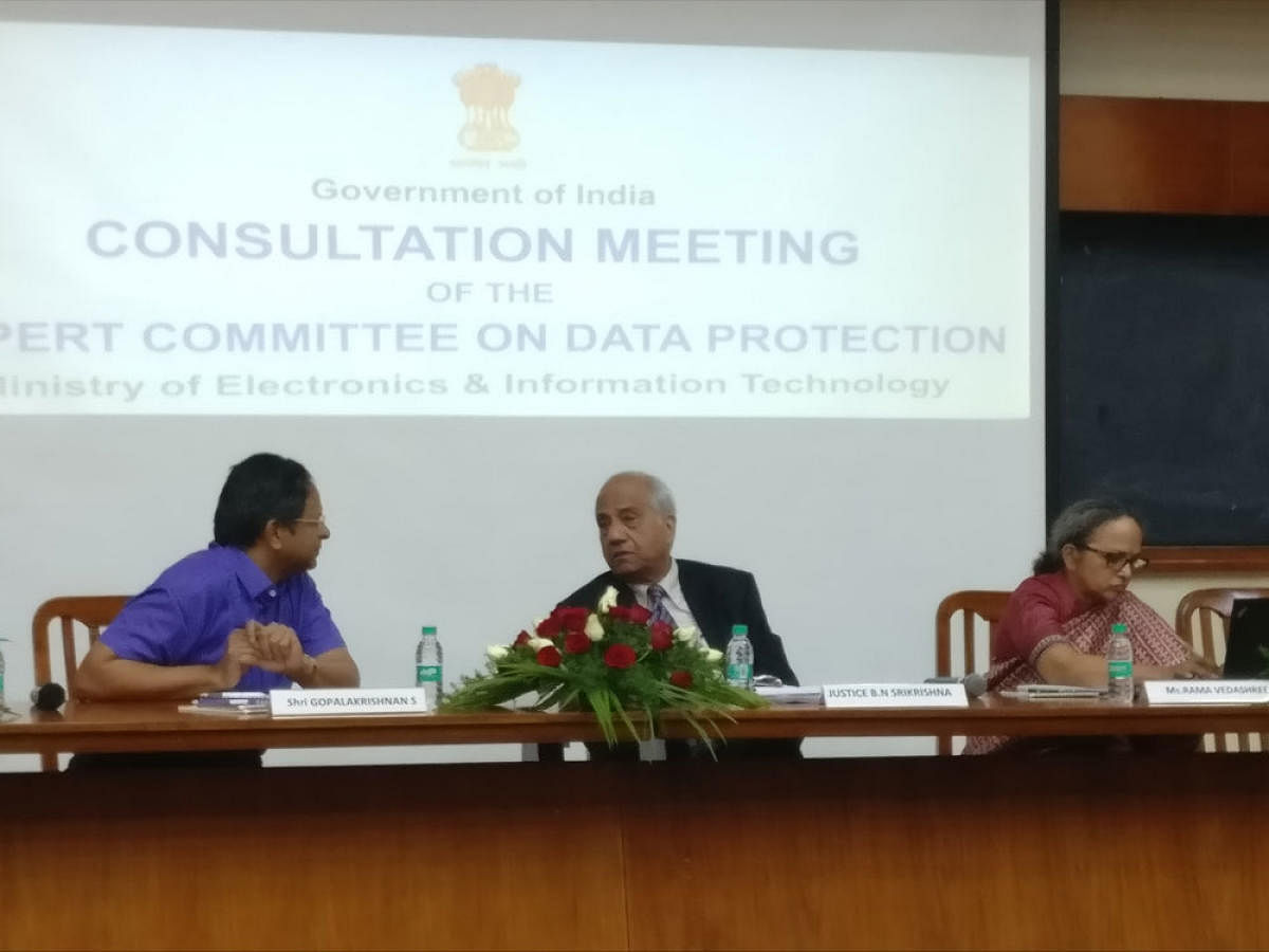 The session was chaired by Justice B N Srikrishna, retired Supreme Court judge. Also on the panel were Rama Vedashree, CEO, Data Security Council of India, and Gopalakrishnan S.