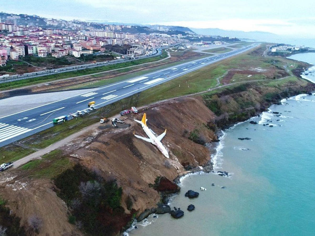 Dramatic images from CNN Turk broadcaster showed the plane dangerously hanging off a cliff several metres (feet) from the Black Sea, its wheels stuck in mud.