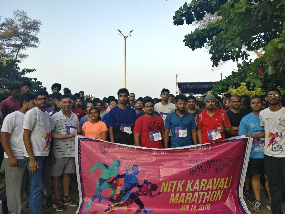 Participants at NITK Karavali Marathon 18 at the NITK beach front in Surathkal on Sunday.