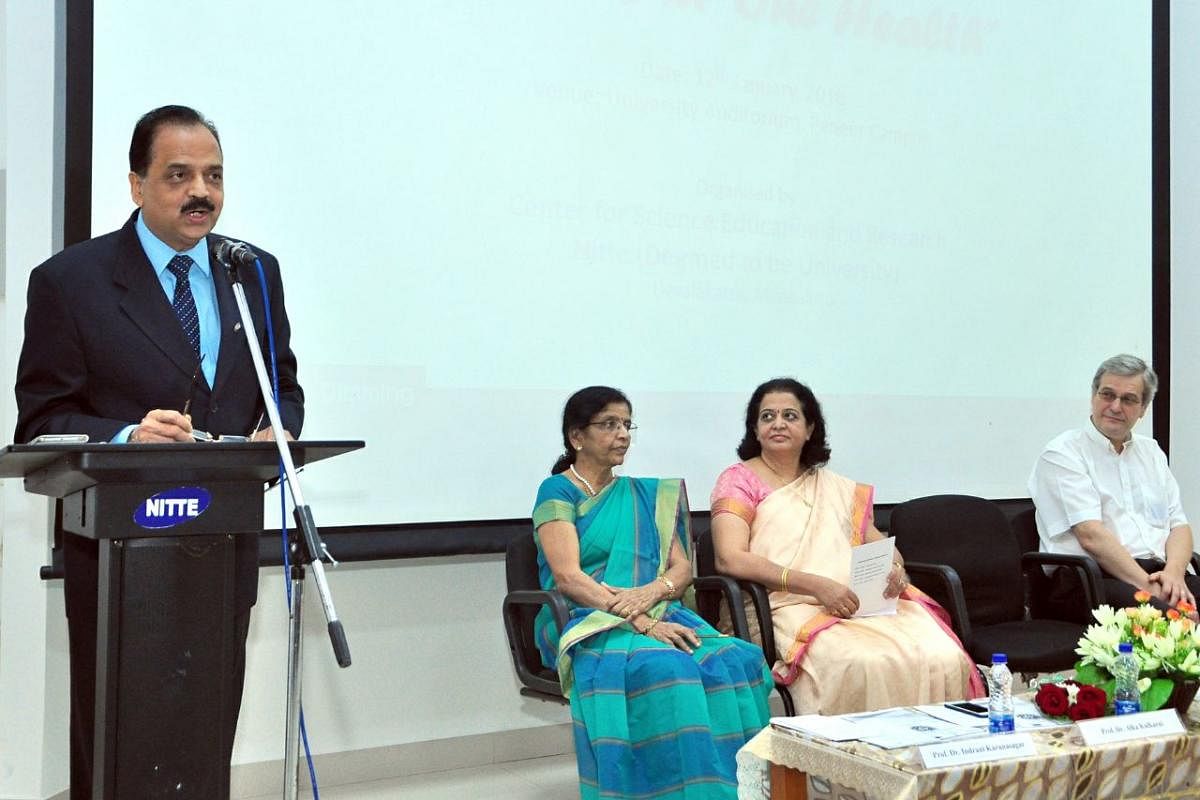 Nitte Deemed to be University vice chancellor Prof Dr Satheesh Bhandary delivers the inaugural address at an international workshop 'Vibrios in One Health' organised by the Nitte University Center for Science Education and Research (NUCSER).