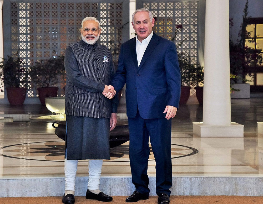 Prime Minister Narendra Modi receives his Israeli counterpart Benjamin Netanyahu