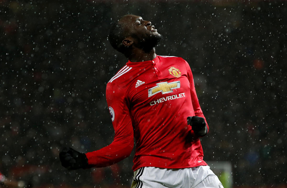 PUMPED UP Manchester United's Romelu Lukaku celebrates scoring their third goal against Stoke City. REUTERS