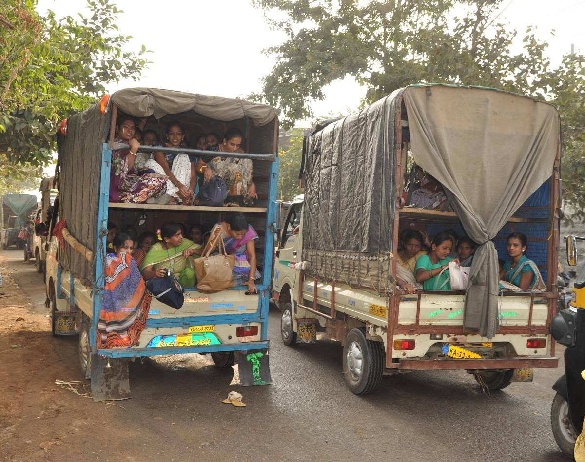 Partitioned goods autorickshaws that transport women to garment factory in Gejjalagere, Maddur taluk.