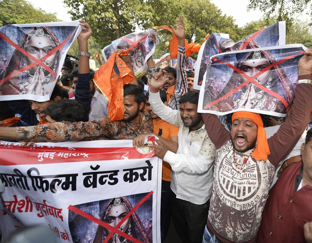 Karni Sena activists protest over the clearance of film Padmavaat by the CBFC, in Mumbai. PTI FILE PHOTO
