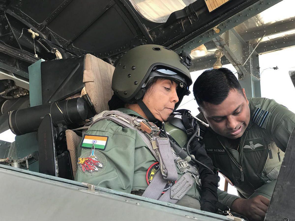 Defence Minister Nirmala Sitharaman gets ready to fly the Indian Air Force's frontline aircraft, the Sukhoi-30 MKI, at an airbase in Jodhpur on Wednesday. PTI