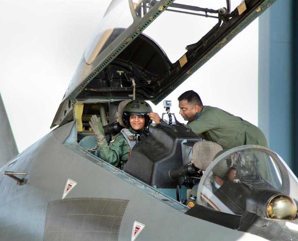 Union Defence Minister Nirmala Sitharaman flies in Sukhoi-30 MKI fighter jet from Jodhpur Air Force base. PTI Photo