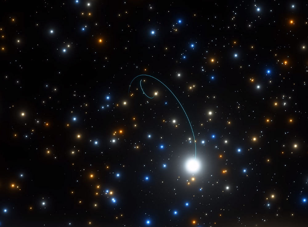 Representative image from the ESO, showing a star orbiting an inactive black hole four times the mass of the Sun.