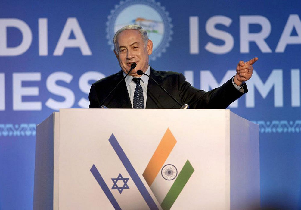 Israeli Prime Minister Benjamin Netanyahu addresses the India-Israel Business Summit in Mumbai. PTI photo.