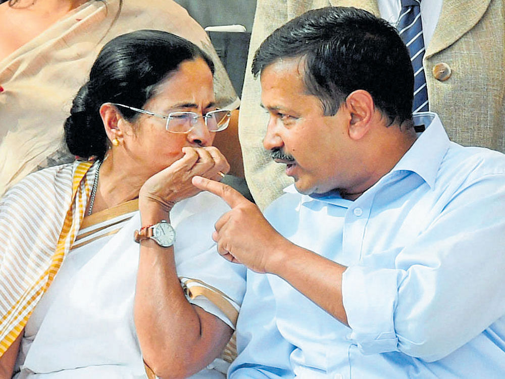 West Bengal chief minister Mamata Banerjee with New Delhi Chief Minister Arvind Kejriwal.