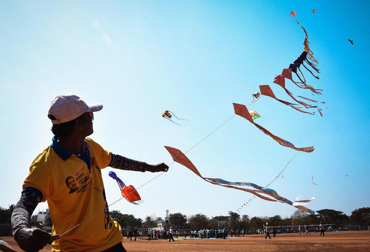 Train kite being flown during the international kite festival held for the first time in Hubballi, at BVBCET ground at Vidyanagar on Friday.