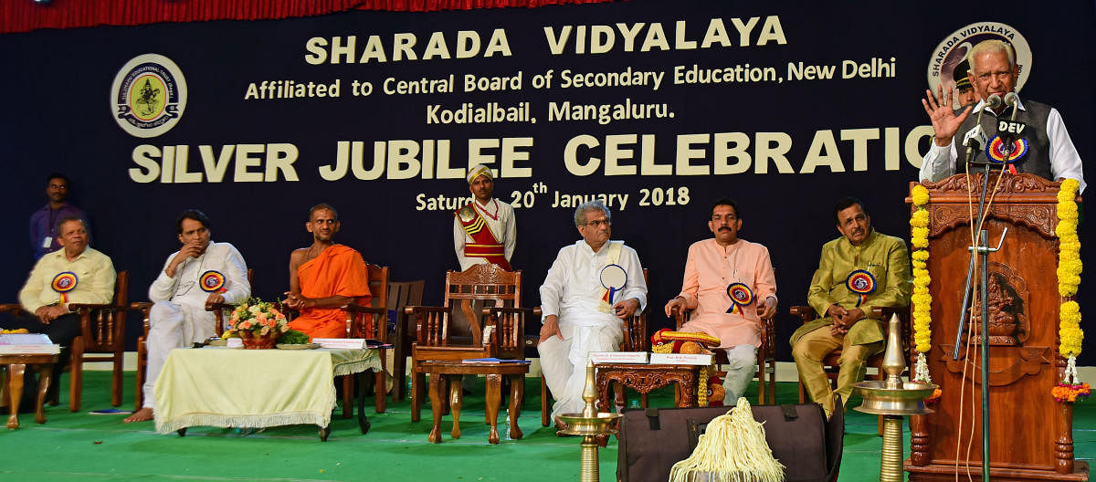 Governor Vajubhai Rudabhai Vala speaks after inaugurating the silver jubilee celebrations of Sharada Vidyalaya in Mangaluru on Saturday.
