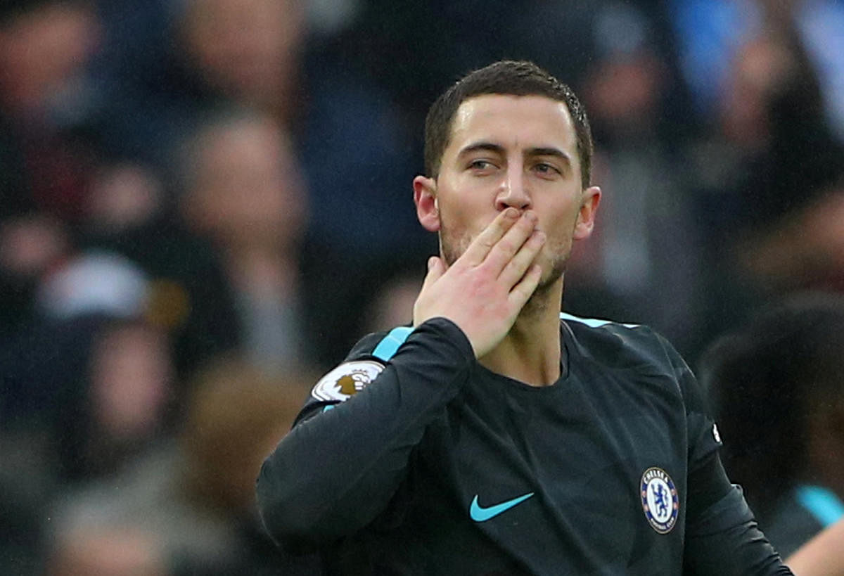 Chelsea's Eden Hazard celebrates scoring after scoring against Brighton & Hove Albion during their Premier League clash on Saturday. REUTERS
