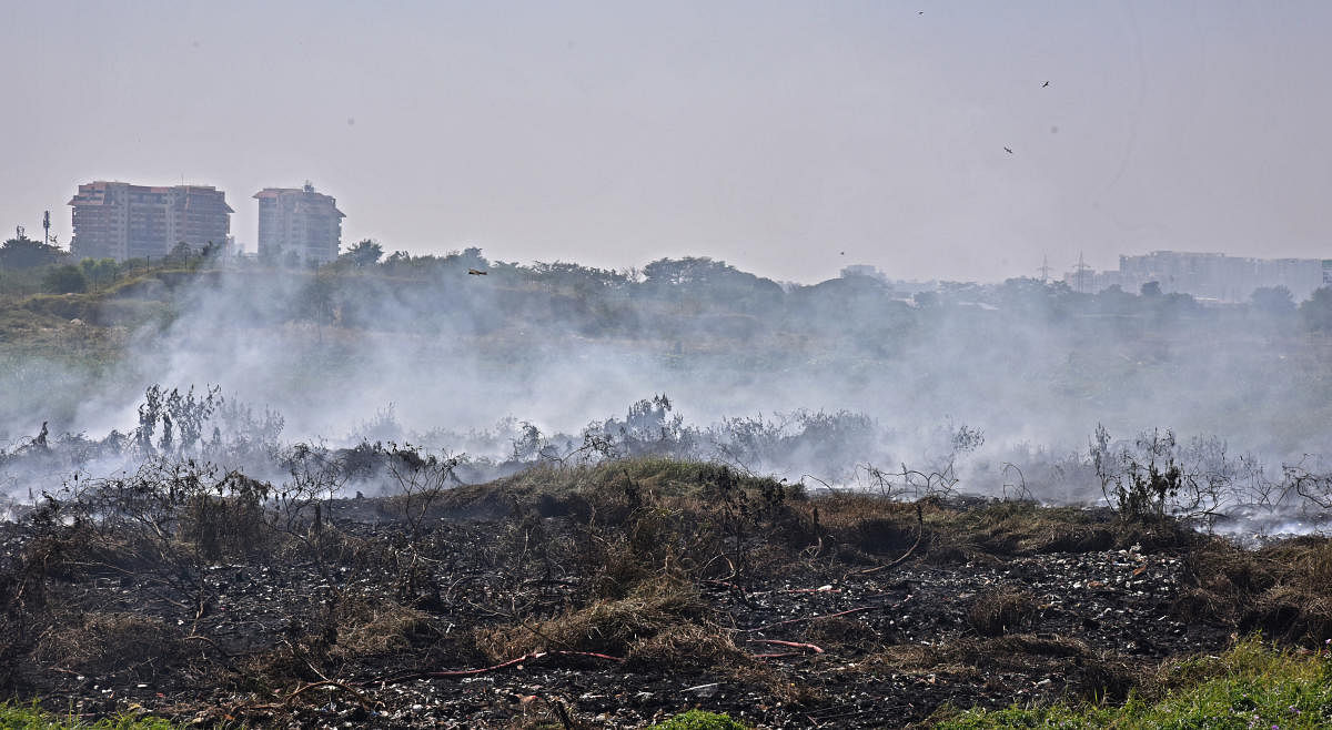 Smoke billows from Bellandur Lake in Bengaluru on Saturday. DH Photo/S K Dinesh