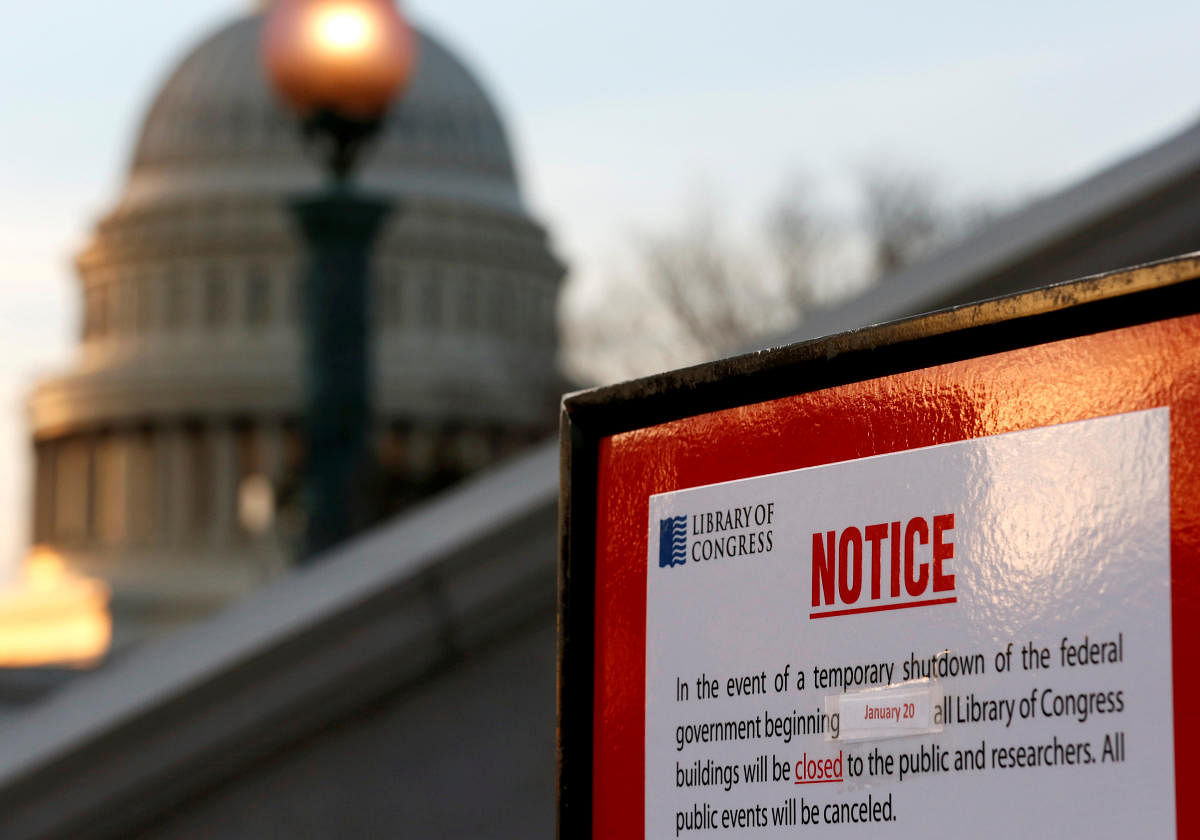 A sign announces the closure of the Library of Congress after President Donald Trump and the US Congress failed to reach a deal on funding for federal agencies in Washington, US, on Saturday. REUTERS