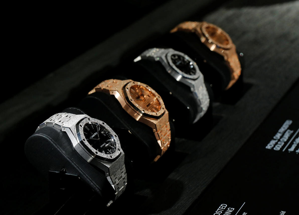 Royal Oak models are pictured on the Audemars Piguet stand at the