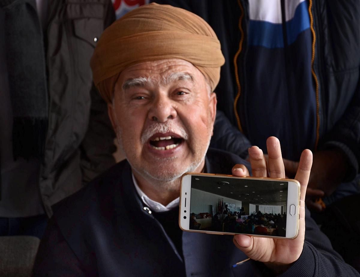 Rajput Karni Sena chief Lokendra Singh Kalvi addresses a press conference in Gurugram on Monday. PTI