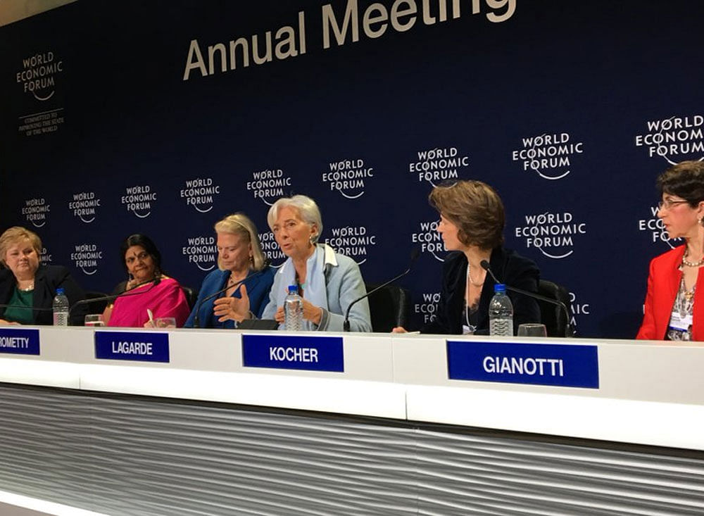Christine Lagarde, the IMF chief, addresses a press conference at the World Economic Forum at Davos. Twitter photo.
