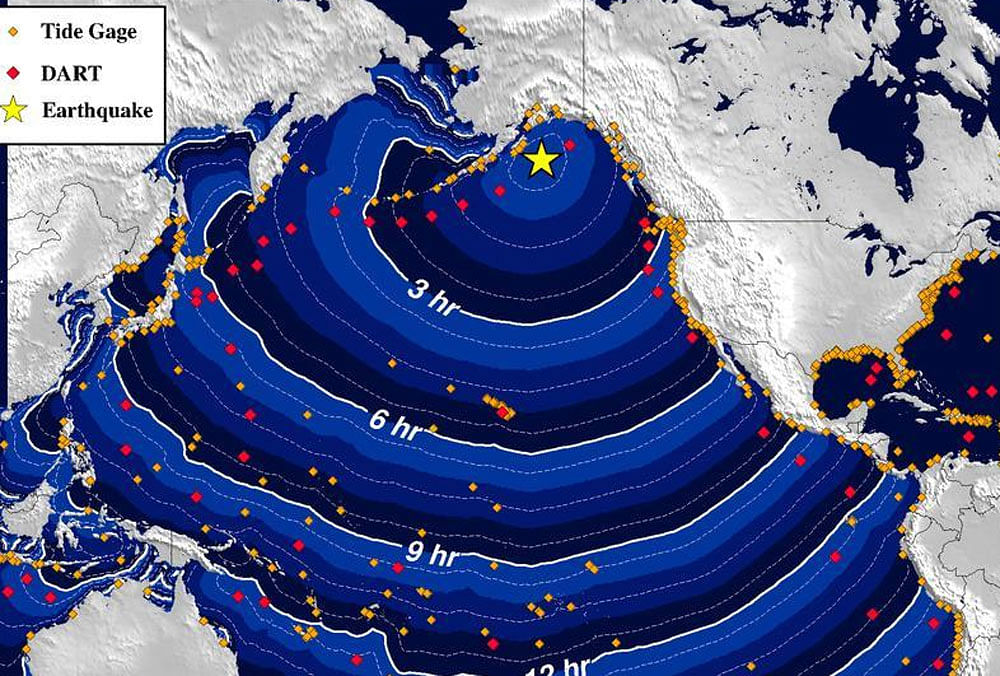 Photo of the Alaska Earthquake, with the epicentre marked. Photo: NWS Tsunami Alerts.