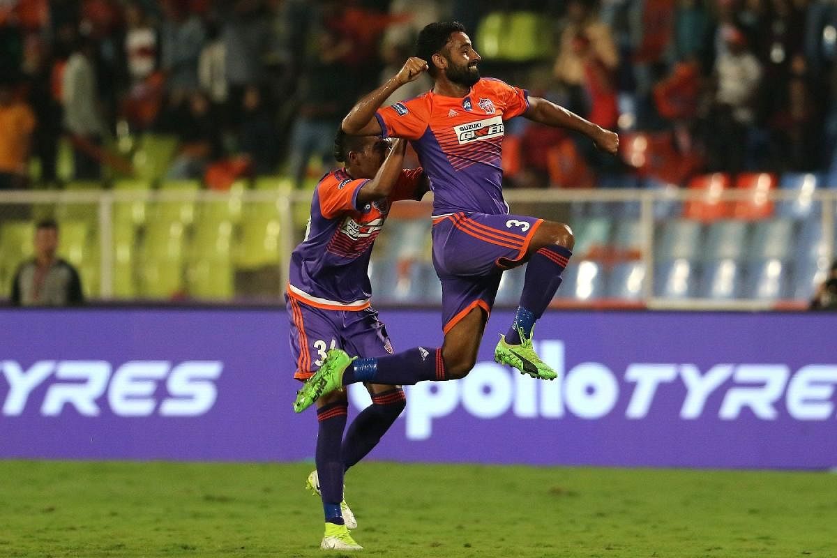 Gurtej Singh of FC Pune City celebrates his goal against Jamshedpur.