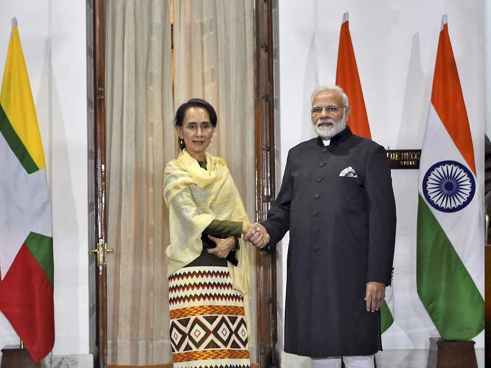 Prime Minister Narendra Modi with Myanmar state counsellor Aung San Suu Kyi before a bilateral meeting at Hyderabad House in New Delhi on Tuesday. PTI